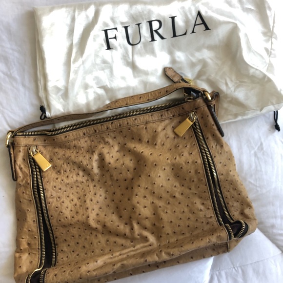 Furla Ostrich-Embossed Leather Satchel Bag - Picture 2 of 6